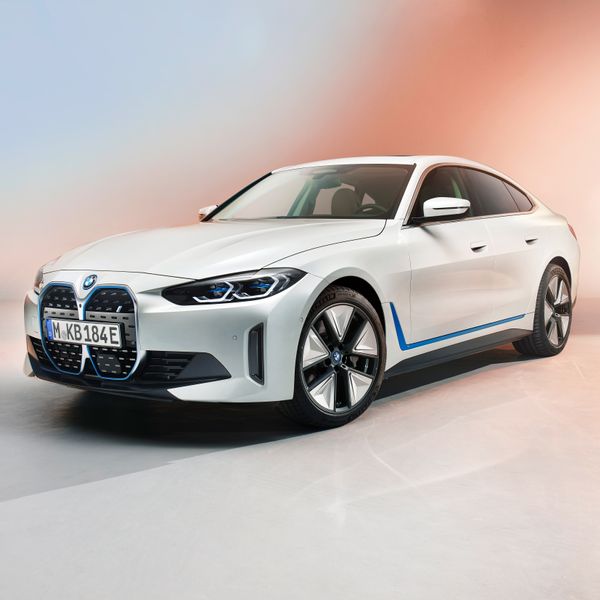 BMW i4 electric saloon exterior front and side